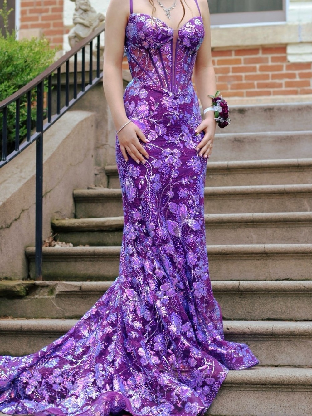 ellie wilde Purple Sequin Floral Mermaid Prom Dress